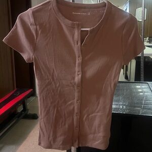 Abercrombie & Fitch Ribbed Button Through Top in Tan